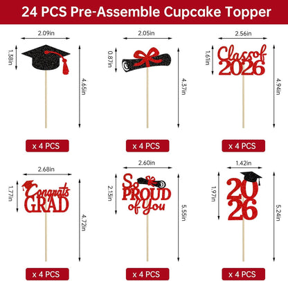24 Pcs Graduation Cupcake Toppers 2026 - Congrats Grad Decorations Class of 2026, Pre-Assembled Black Gold Grad Cake Topper Centerpieces for Graduation Party Decoration Supplies Table Decor, 6 Styles