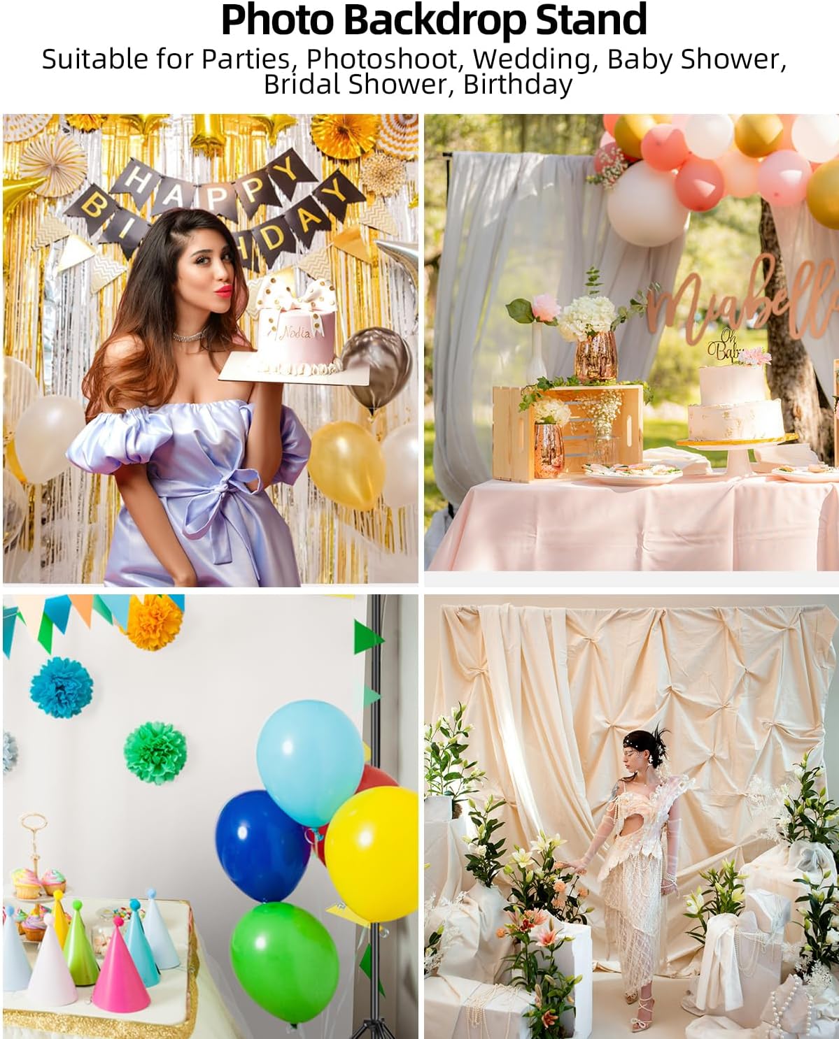 Hemmotop Backdrop Stand 10x8ft (WxH), Photography Background Stand for Parties, Adjustable Photo Backdrop Stands Kit for Wedding, Photo Booth, Party, Decoration, Balloon, Projector Screen