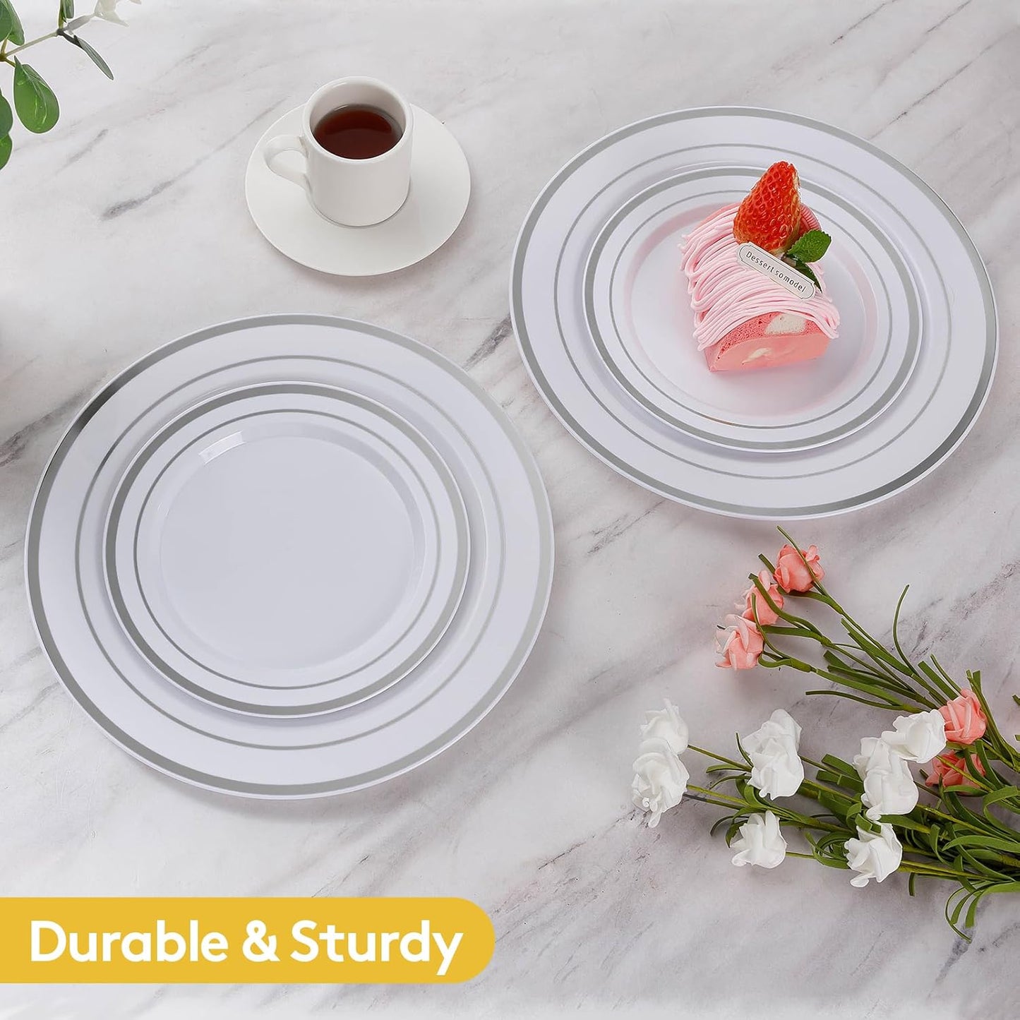 Goodluck 200PCS Gold Plastic Plates, Heavy Duty Disposable Gold Plates with 100 10.25 inch Dinner Plates and 100 7.5 inch Dessert Plates for Party, Holiday, Wedding, Thanksgiving