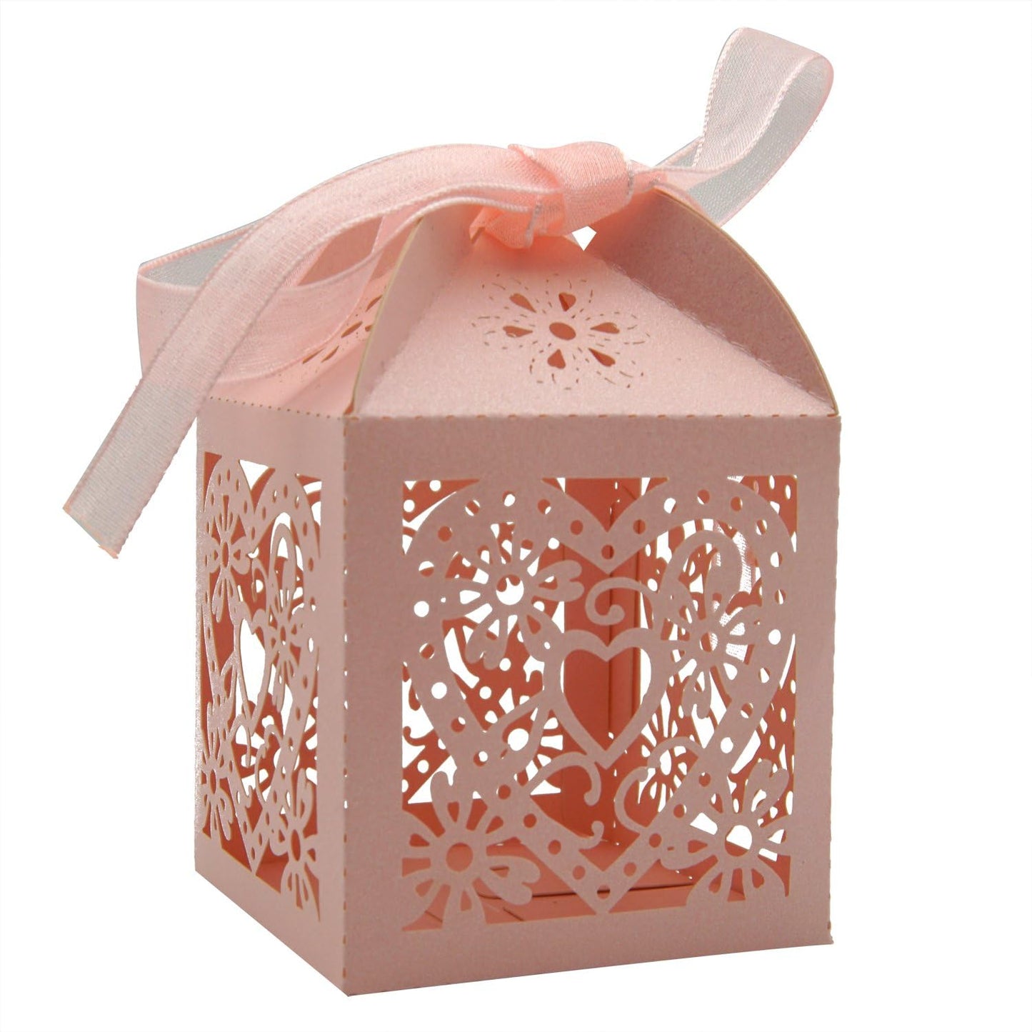 KPOSIYA 100 Pack Love Heart Laser Cut Wedding Party Favor Box Candy Bag Chocolate Gift Boxes Bridal Birthday Shower Bomboniere with Ribbons
