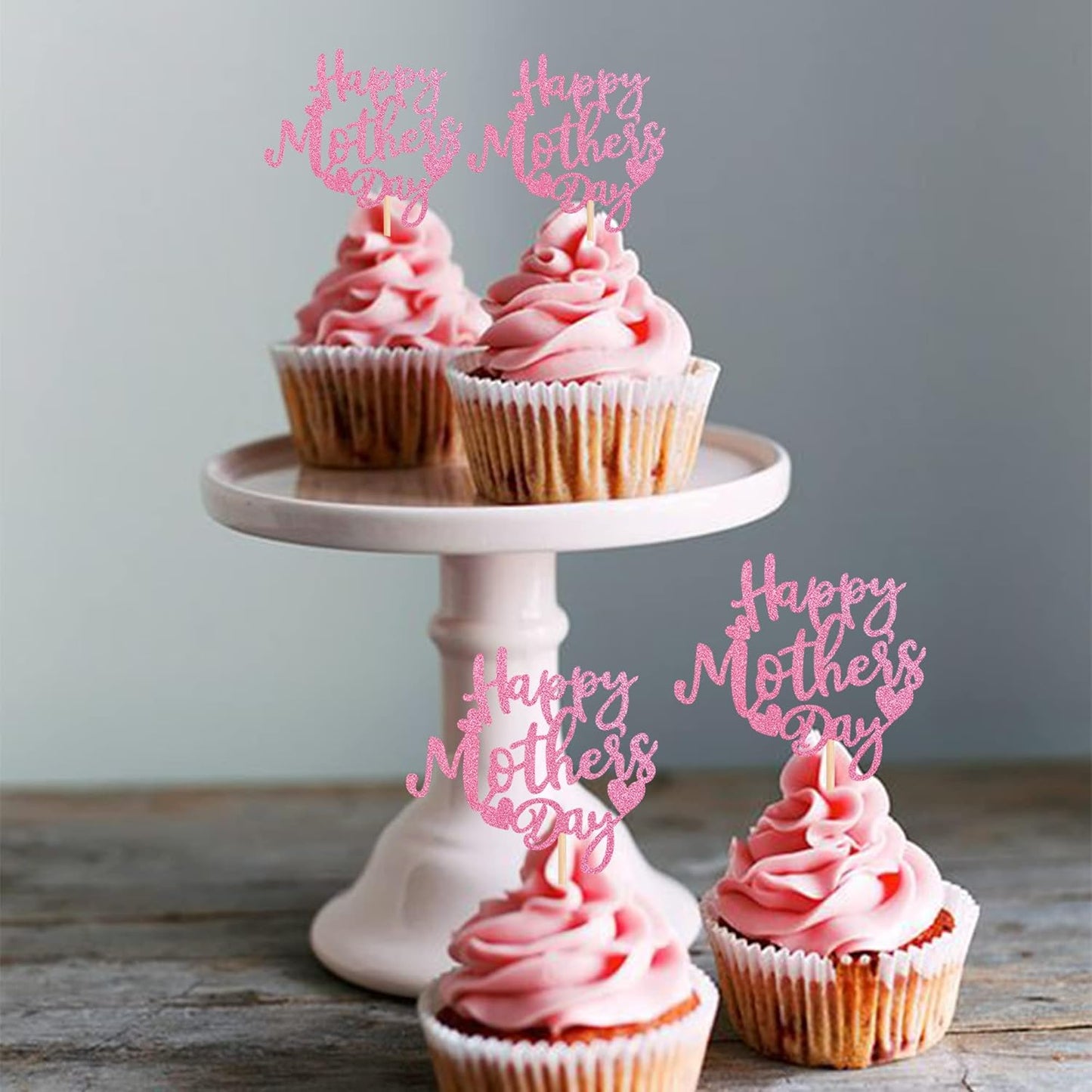 24 PCS Happy Mother's Day Cupcake Toppers with Glitter Heart Love Mother Best Mom Cupcake Picks for Happy Mother's Day Theme Women Birthday Party Cake Decorations Supplies Rose Gold