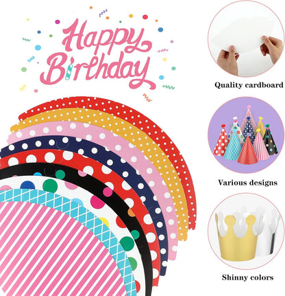 Thinp 11 Pcs Adorable Party Hats Set - 9 Cone Hats with Pom Poms & 2 Paper Crowns for Pet Birthday Party Decor