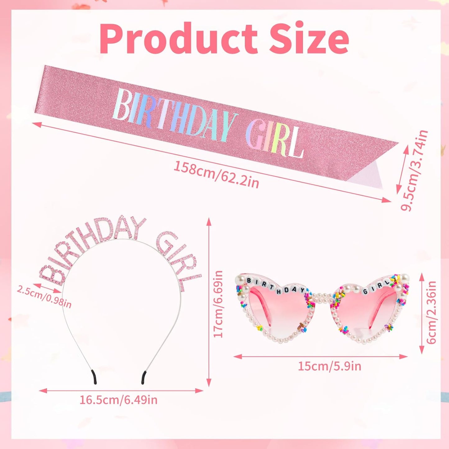 3Pcs Birthday Girl Sash Headband Set-Birthday Sash Tiara and Crown Sunglasses for Girls Women