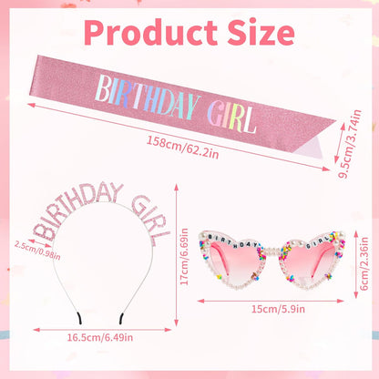 3Pcs Birthday Girl Sash Headband Set-Birthday Sash Tiara and Crown Sunglasses for Girls Women