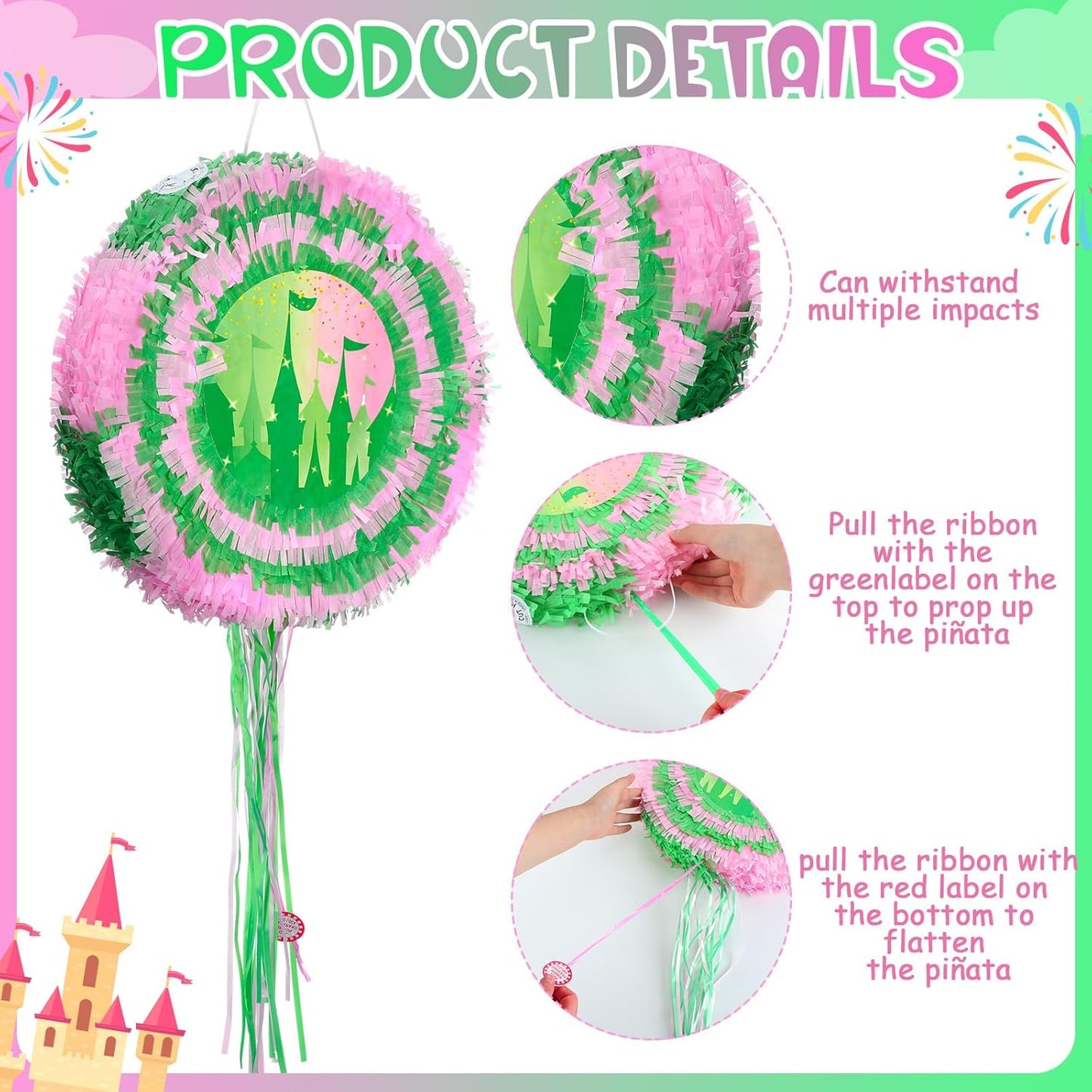 Soulchen Witch Piñata 14.2'' Pink and Green Piñata Game Set with Stick and Blindfold Princess and Witch Party Favor Pink and Green Party Decor for Birthday Quinceañera Baby Shower Movie Supplies