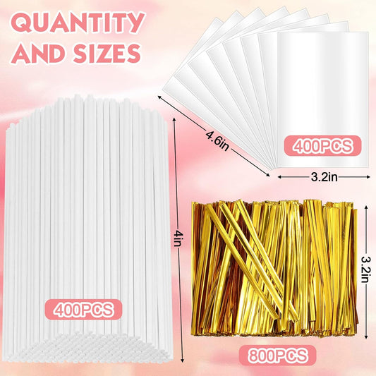 Roowest 1600 Pcs Cake Pop Sticks and Wrappers Kit Including 400 Cake Pop Sticks 400 Clear Candy Treat Bags 800 Gold Metallic Twist Ties for Candy Chocolate Suckers Making(3.94 x 0.12 Inches)