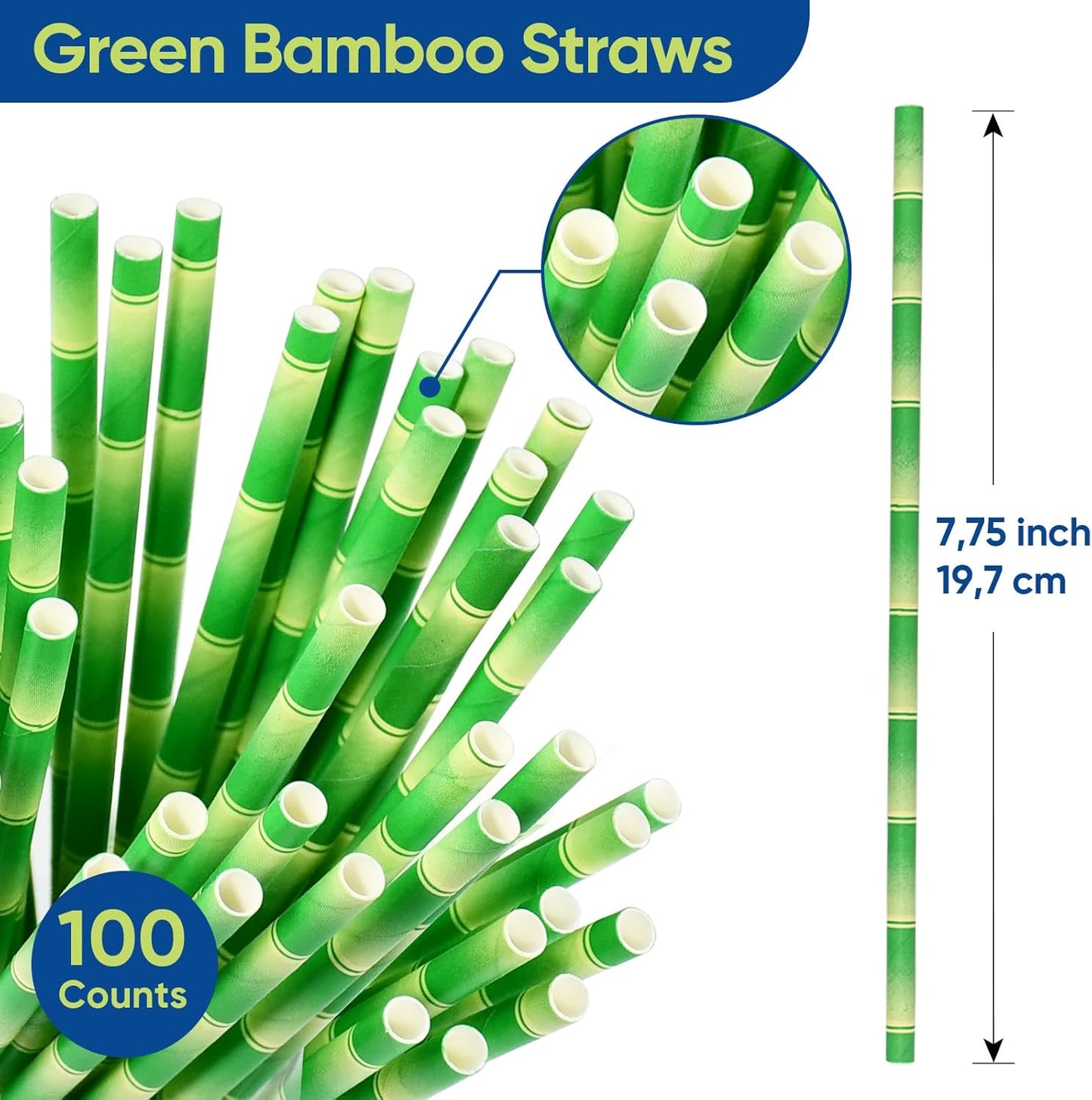 Disposable Paper Straws Solid Green - 7.75'' x 0.24'', 100 Counts - for Drinking, Beverage, Juice, Soda, Bar Supplies