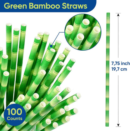 Disposable Paper Straws Solid Green - 7.75'' x 0.24'', 100 Counts - for Drinking, Beverage, Juice, Soda, Bar Supplies