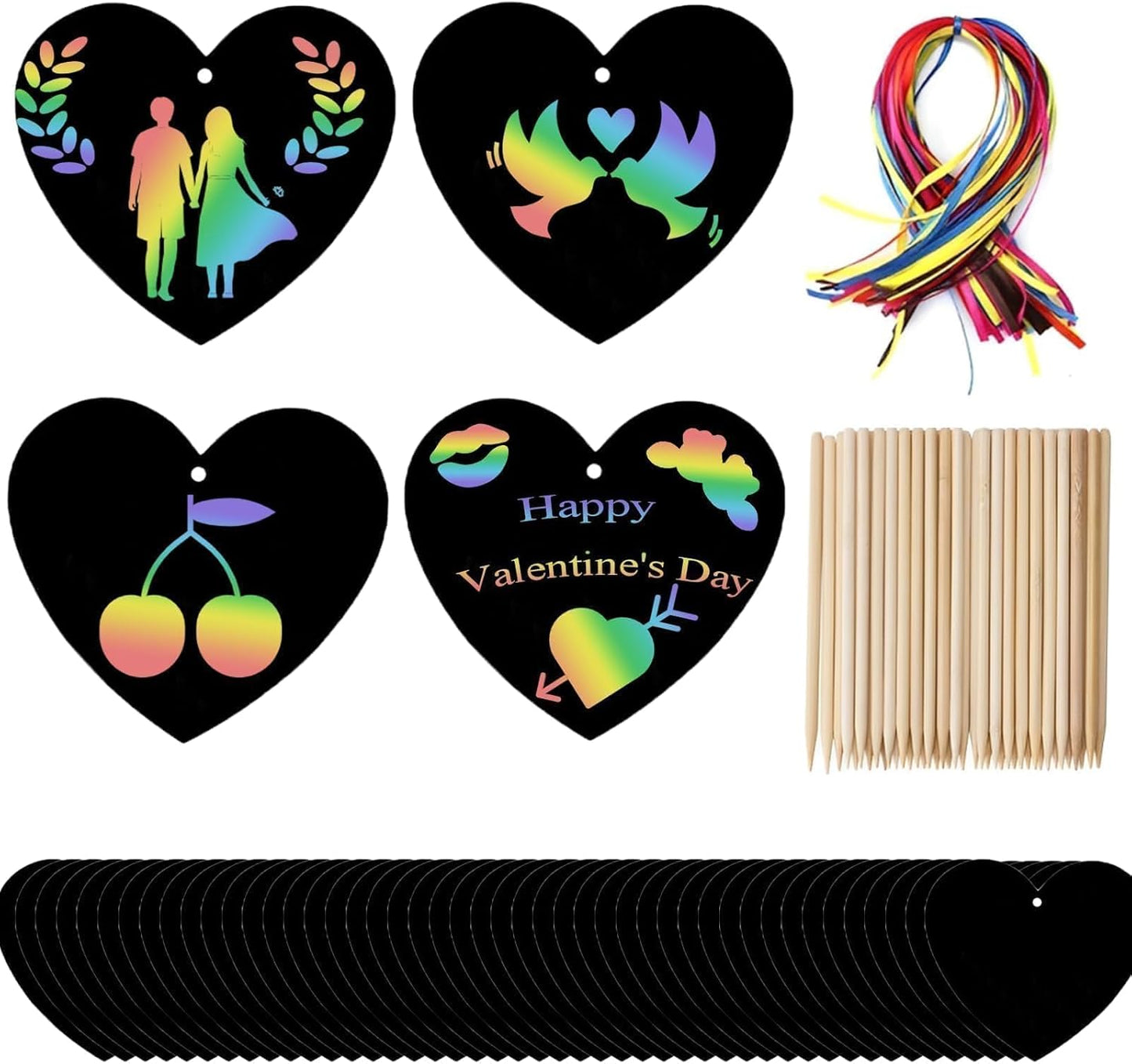Naturahand 50 Rainbow Scratch Paper with 10 Wooden Scratch Sticks and 50 Red String, Heart Shaped Scratch Off Cards for Mother's Day Valentine DIY Decorations and Art Party Favors(H-1)