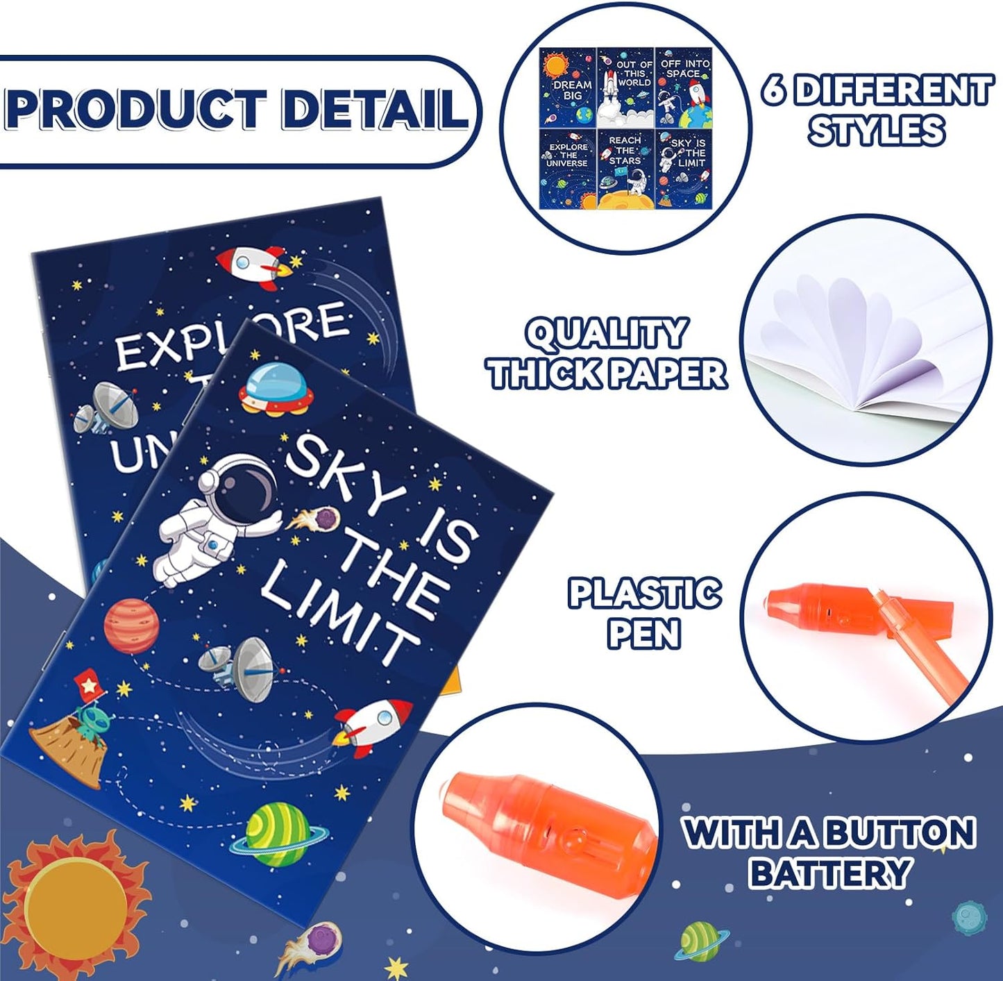 ZOIWA 48Pcs Outer Space Party Favors Notepads with Invisible Ink Pen Astronaut Party Favors Magic Spy Pens with Light Mini Space Notebooks for Kids Solar System Galaxy Party Gifts Goodie Bags Stuffers