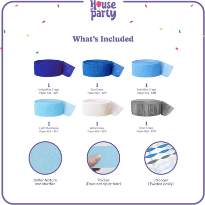 HOUSE OF PARTY Blue Skies Crepe Paper Streamers 6 Crepe Paper Rolls 492ft (1.8 Inch x 82 Ft/Roll) - Pack of 4 Shades of Blue, 1 Silver, 1 White Streamers Party Decorations