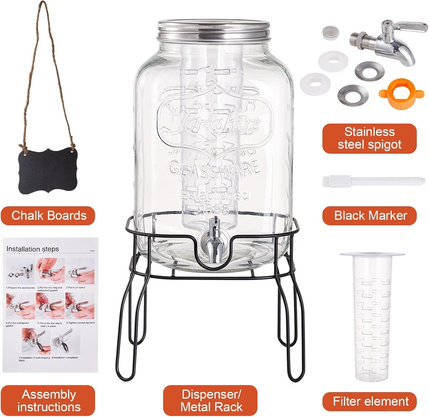 1 Gallon Glass Drink Dispensers for Parties, 2PACK Beverage Dispenser with Stand, Fruit Infuser and Stainless Steel Spigot 100% Leakproof, Beverage Dispenser for Lemonade Sun Tea