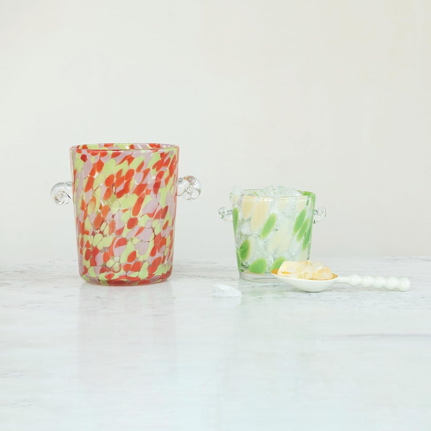 Creative Co-Op 32-Ounce Confetti Glass Ice Bucket with Handles, Yellow and Green