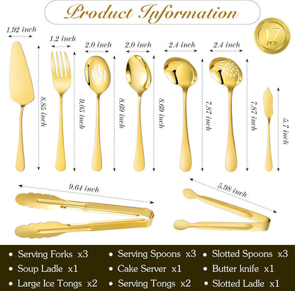 Mwellewm 17Pcs Serving Utensils, Gold Stainless Steel Serving Spoons, Slotted Spoon, Fork, Tongs, Cake Pie Server, Soup Spoon, Metal Buffet Banquet Cutlery Set for Parties Entertaining Catering