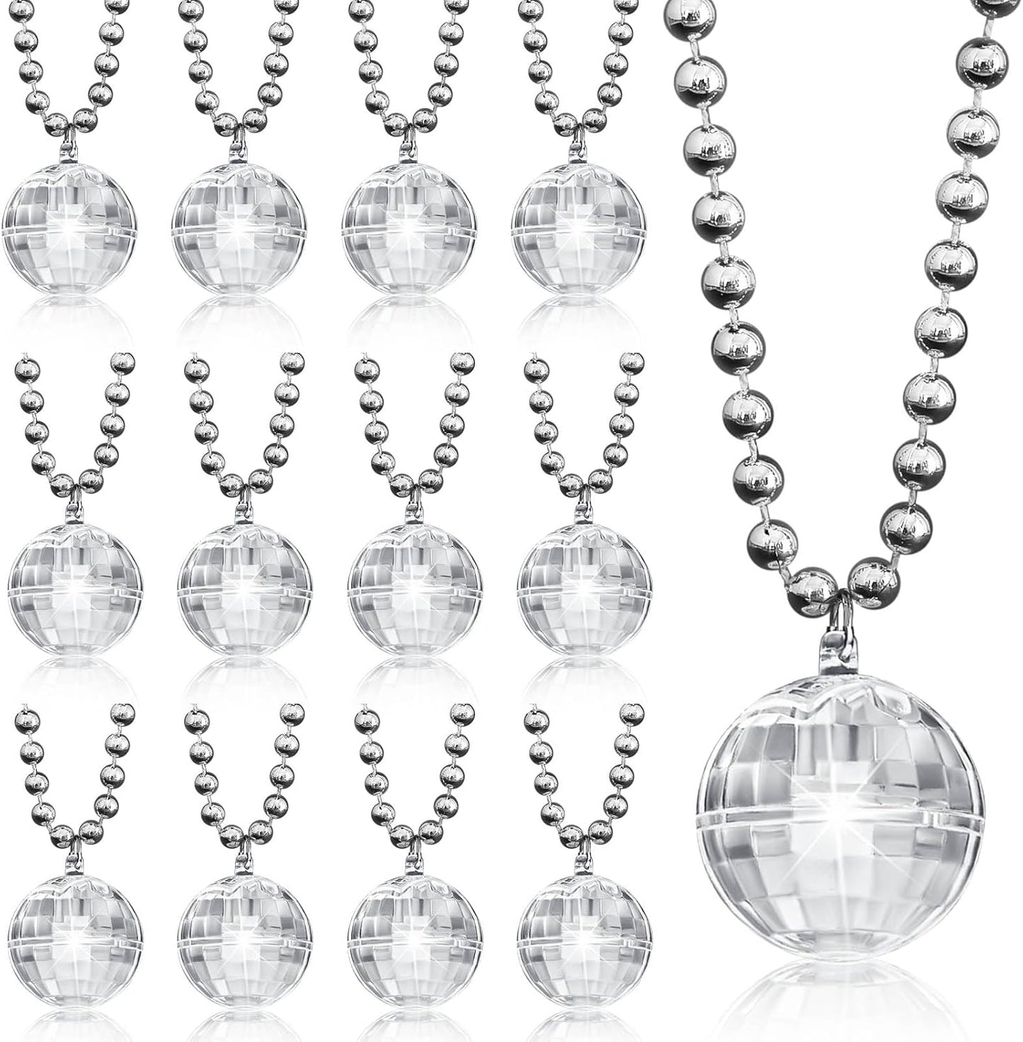 Sasylvia 12 Pcs LED Disco Ball Necklaces Light up Bead Necklaces 70s Disco Party Favors Glow in The Dark Bead Jewelry Costume Accessories for New Year Party Dance Supplies(Silver, Colorful)