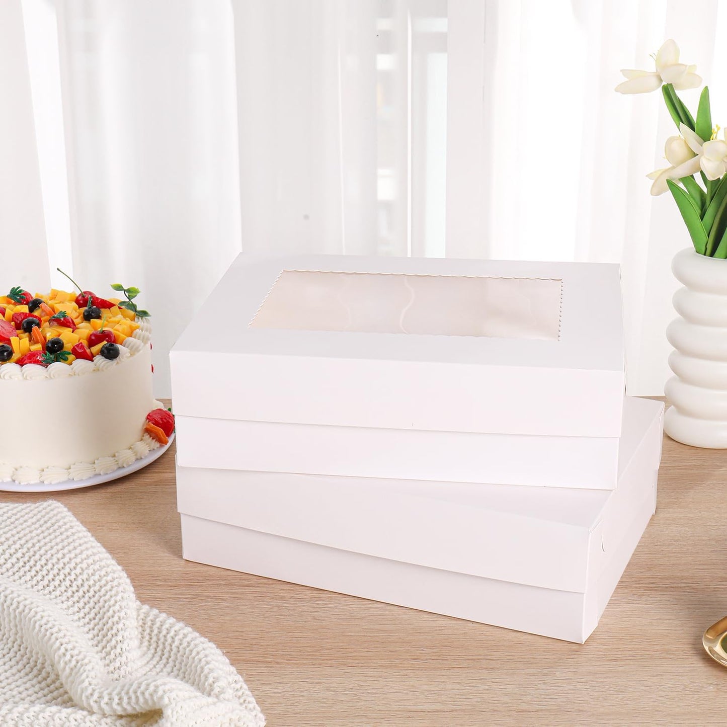 JCD 12pcs 14x10x4in Cake Boxes White Bakery Box Quarter Sheet Cake boxs with Window Large Rectangle Treat Boxes for Cake Pastry Baking Donuts Cupcake Pie Packaging