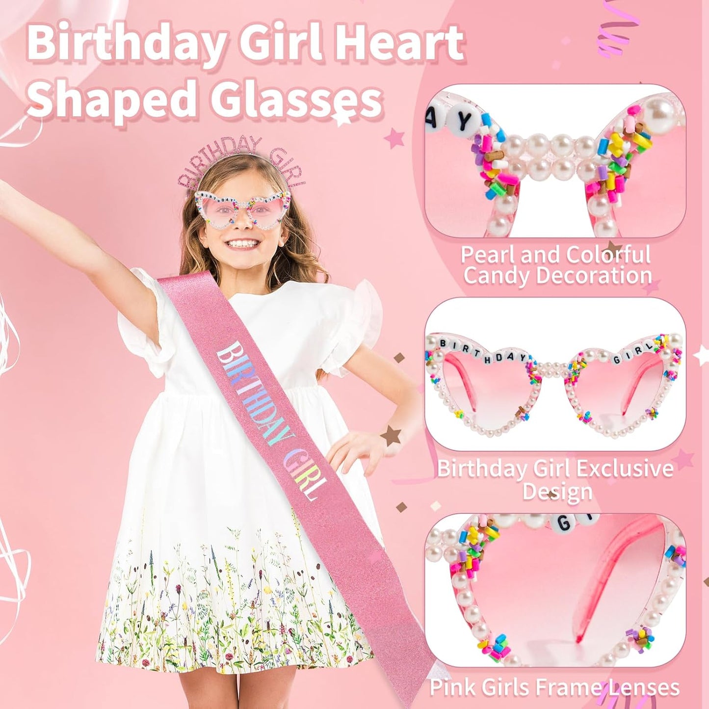 3Pcs Birthday Girl Sash Headband Set-Birthday Sash Tiara and Crown Sunglasses for Girls Women