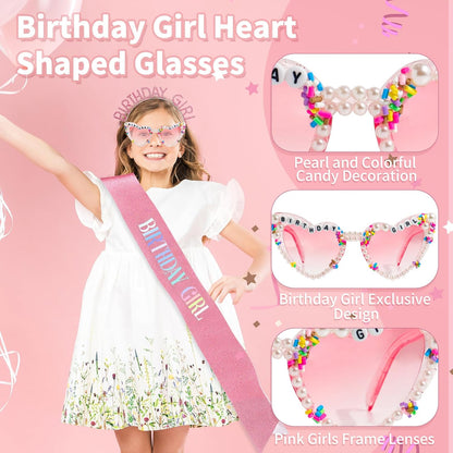 3Pcs Birthday Girl Sash Headband Set-Birthday Sash Tiara and Crown Sunglasses for Girls Women