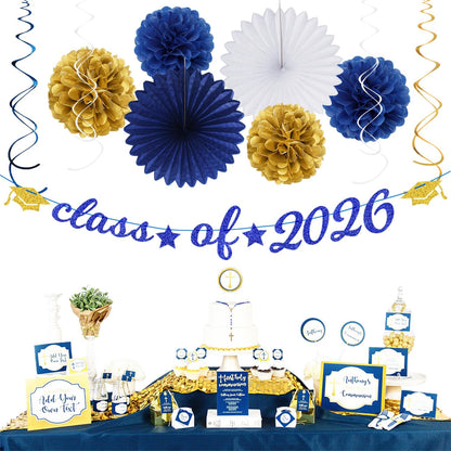 2026 Blue Class-Congratulations Prom Graduation Party-Decorations - 22pcs High School College Grad Supplies Decor,Royal Navy White Silver Tissue Pom Poms Streamers, Paper Flowers Lanterns Hugmoon