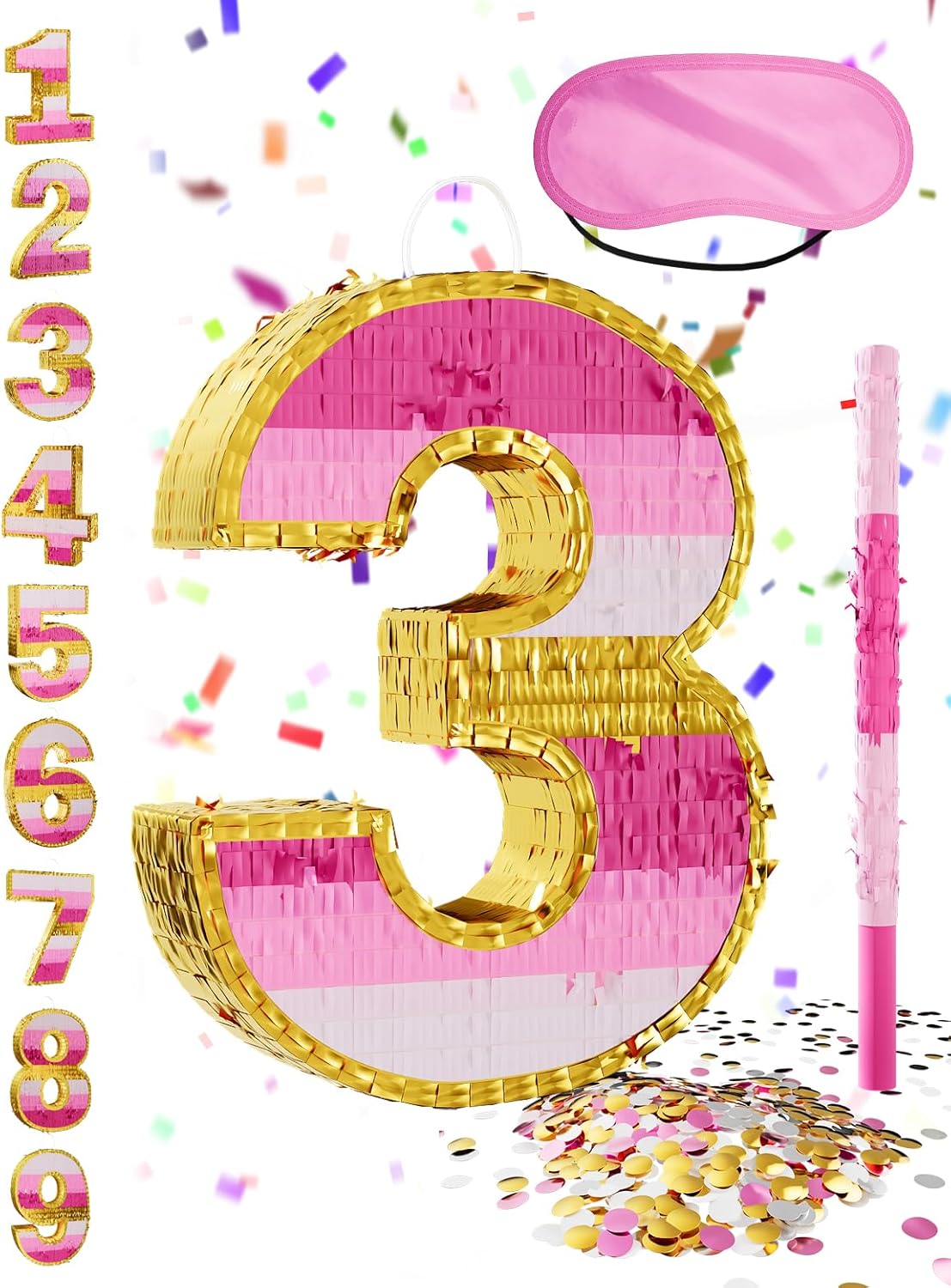 Number 5 Piñata with Stick, Blindfold & Confetti-Pink Piñata for Birthday Parties, Complete Party Game Set for Kids Girls-Gradient Pink Birthday Decor with Fillable Design(Small, 16.5 x 11.5 x 3 In)