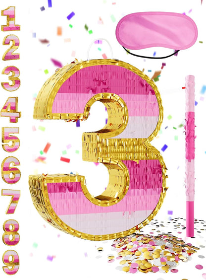 Number 5 Piñata with Stick, Blindfold & Confetti-Pink Piñata for Birthday Parties, Complete Party Game Set for Kids Girls-Gradient Pink Birthday Decor with Fillable Design(Small, 16.5 x 11.5 x 3 In)