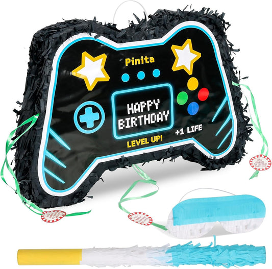 Video Game Piñata, Party Supplies Piñata with Blindfold and Bat Gaming Theme Piñatas for Kids Birthday Party Decorations (Blue)