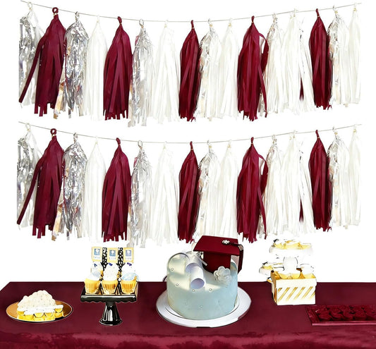 Graduation Decorations Maroon White 2026/Maroon Graduation Party Decorations Silver Tissue Paper Tassel Garlands, Burgundy White Party Garlands for Wedding, Burgundy Silver Birthday Decor