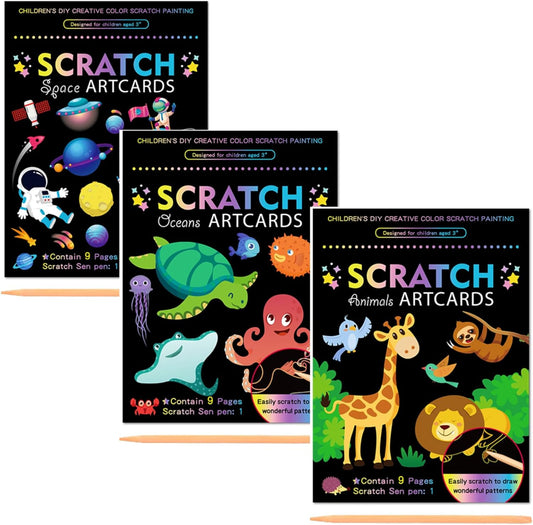 3 Set Scratch Paper Art for Kids, Magic Drawing Book for Children, Rainbow Scratch off Craft Book with Scratch Pen for Birthday Party Games, DIY Projects Kits Craft Gifts Creative Scratch Art Kit