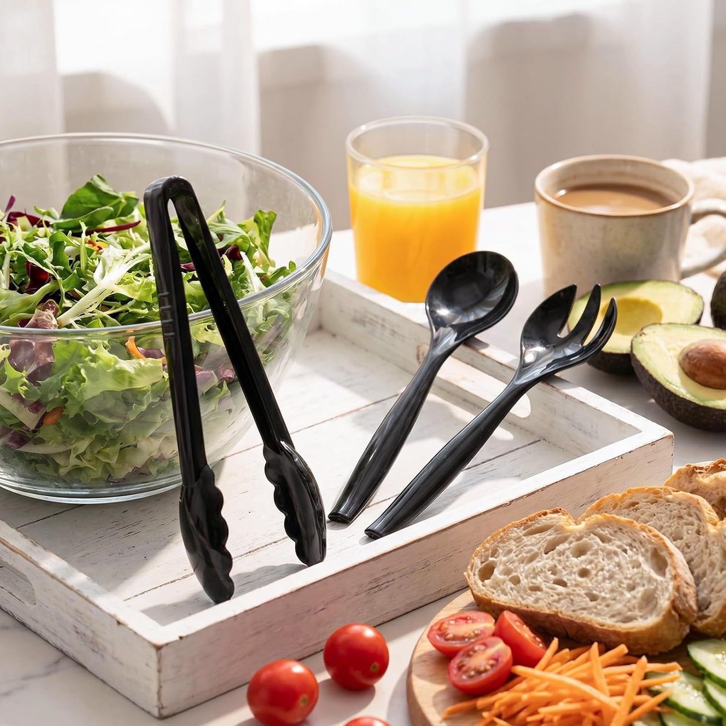 Mwellewm 18Pcs Serving Utensils, 10'' Plastic Serving Utensils Set, Disposable Serving Spoons for Buffet, Large Serving Tongs for Food, Heavy Duty Party Supplies for Salad Soup Cooking Catering(Black)