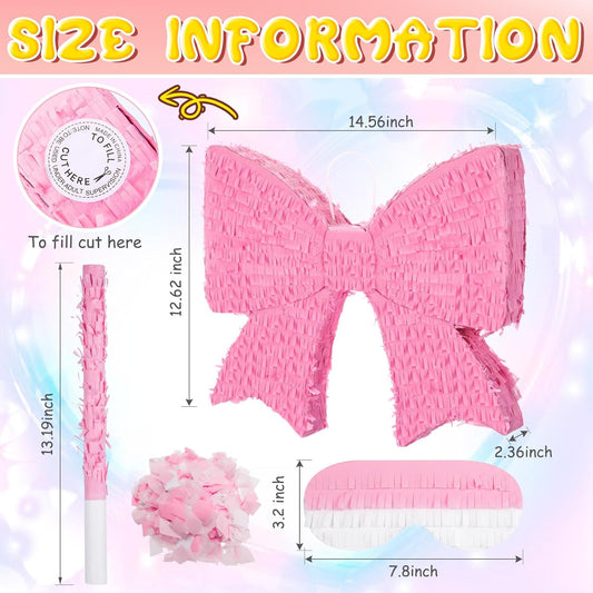 Hungdao Pink Bow Piñata for Girl Birthday Party Decorative Bowtie Piñata with Wooden Stick Blindfold Confetti Set Pink Coquette Birthday Baby School Wedding Supplies(Polka Dot Bow)