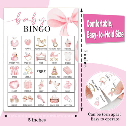 Pink Bow Baby Shower Bingo Games, 24 Player Pink Bingo Cards for Baby Shower, Gender Reveal Party Games Favors Supplies Decorations