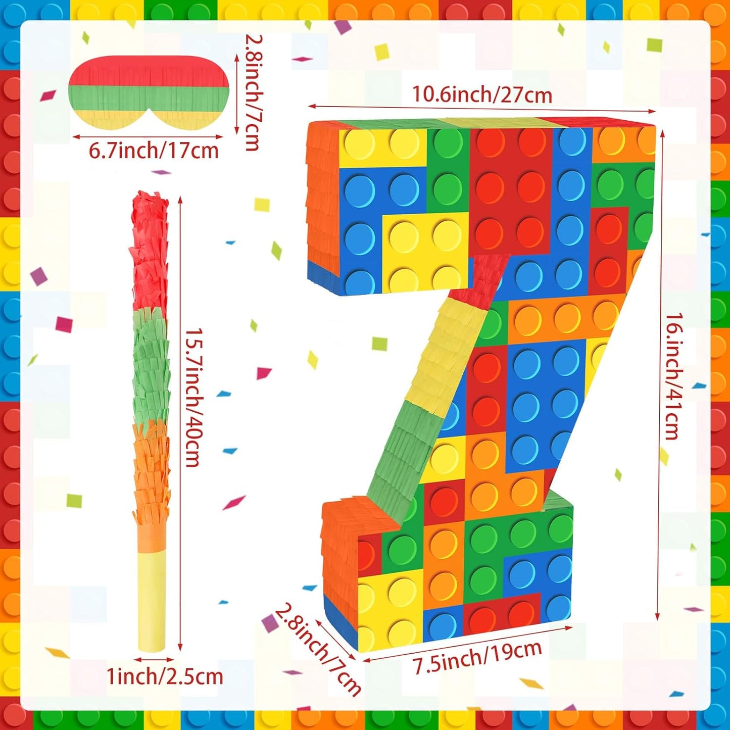 Number 7 Pinata Building Blocks with Pinata Stick Blindfold 7th Birthday Party Decorations Happy Birthday Building Block Theme Anniversary Party Supplies for Kids (Small, 16 x 10.6 x 3 in)