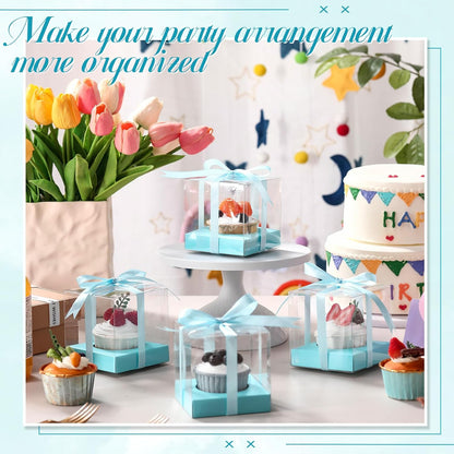 Thenshop 50 Pcs Clear Cupcake Boxes Individual 3.5 Inch Plastic Single Cupcake Containers Boxes with Inserts and Ribbon Individual Cake Storage Holders for Cake Kitchen(Dark Blue)