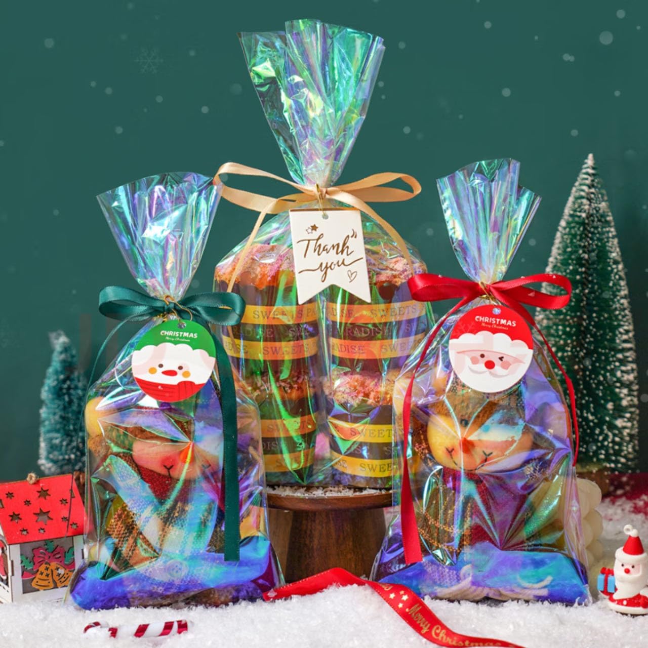 5x7 Inch Iridescent Cellophane Treat Bags with Twist Ties, Treat Bags for Candy Cookie Goodie Chocolates, And Popcorn
