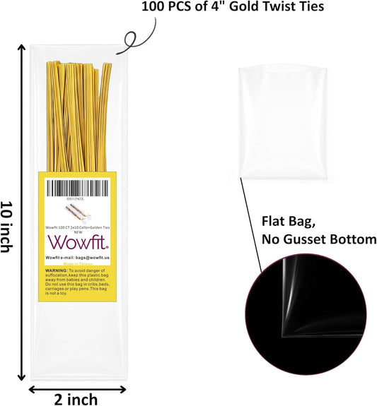 Wowfit 100 CT 6x10 Inch Clear Flat Cellophane Treat Bags with 6” Gold Twist Ties, Cello Packaging for Gift Wrapping, Decorations, and Food Storage
