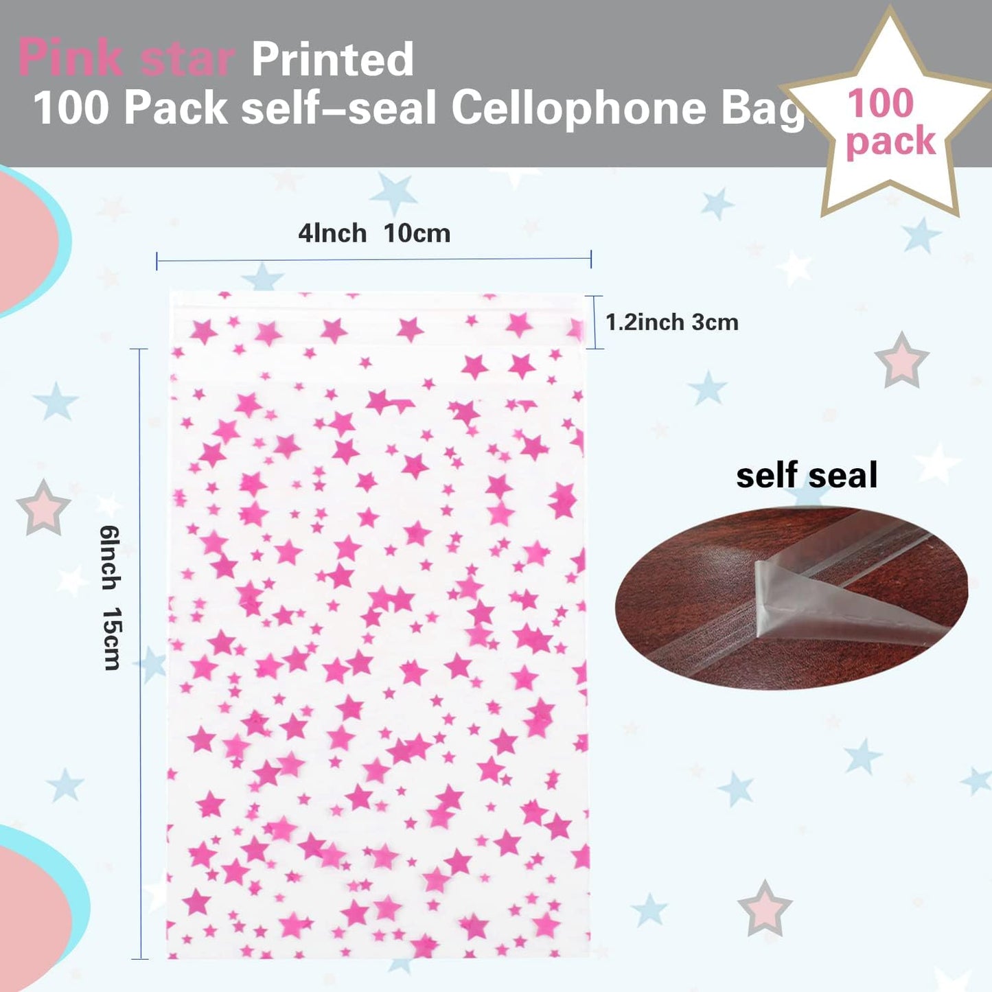 100 Pcs Star Printed 5"X 7" Gift Wrap Cello Cellophane Treat Bags Party Favor bags Clear Candy Cookie Bag Plastic Poly Goodie Storage Bag with Twist Ties for Bakery,Birthday, Wedding ,Party Decorations (Gold)