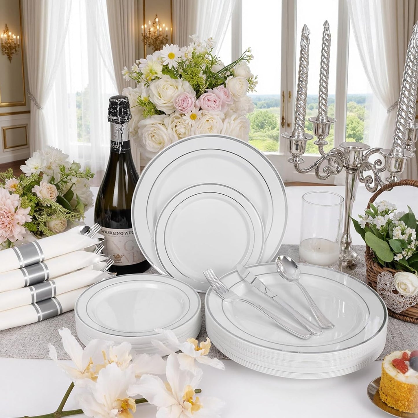 350 Pieces Black and Gold Plastic Plates with Disposable Silverware, Include 50 Dinner Plates 9”, 50 Dessert Plates 6.3”, 50 Black Cups 9 OZ, 50 Pre Rolled Napkins for Wedding Party Graduation