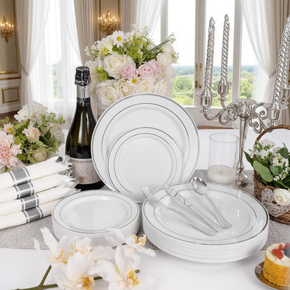350 Pieces Black and Gold Plastic Plates with Disposable Silverware, Include 50 Dinner Plates 9”, 50 Dessert Plates 6.3”, 50 Black Cups 9 OZ, 50 Pre Rolled Napkins for Wedding Party Graduation