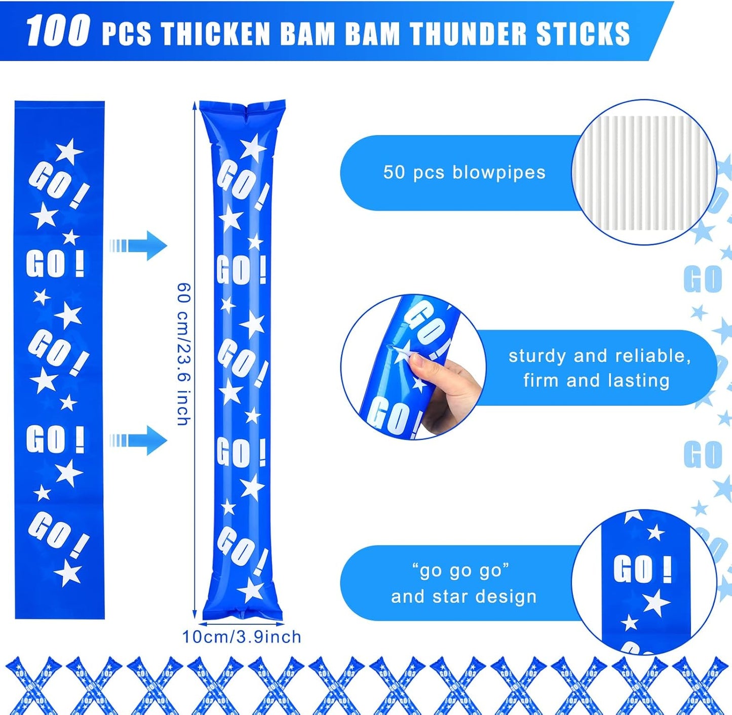 Hungdao 100 Pcs Thunder Sticks Spirit Boom Sticks Cheerleading Football Noise Makers Inflatable Noisemakers for Party Dance Basketball Sporting Event
