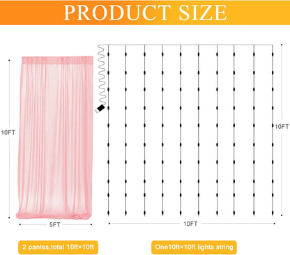 Fomcet Tulle Backdrop Curtains with Lights String White 10FT X 8FT Sheer Curtain with Lights Tulle Curtains Backdrop for Wedding Birthday Party Baby Shower Photo Shoot (2 Panels 5x8FT)