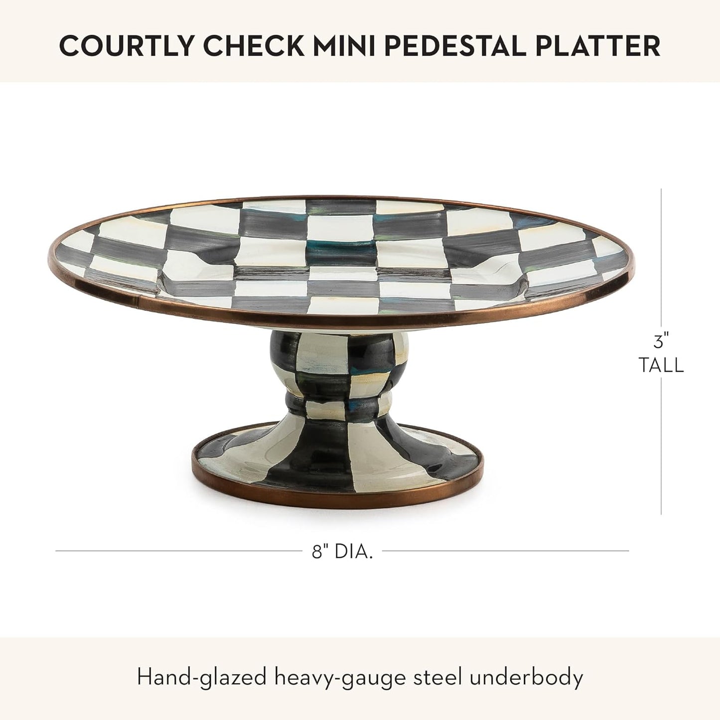 MACKENZIE-CHILDS Enamel Pedestal Platter, Round Cake Stand, Large, Black-and-White Courtly Check