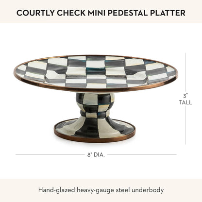 MACKENZIE-CHILDS Enamel Pedestal Platter, Round Cake Stand, Large, Black-and-White Courtly Check