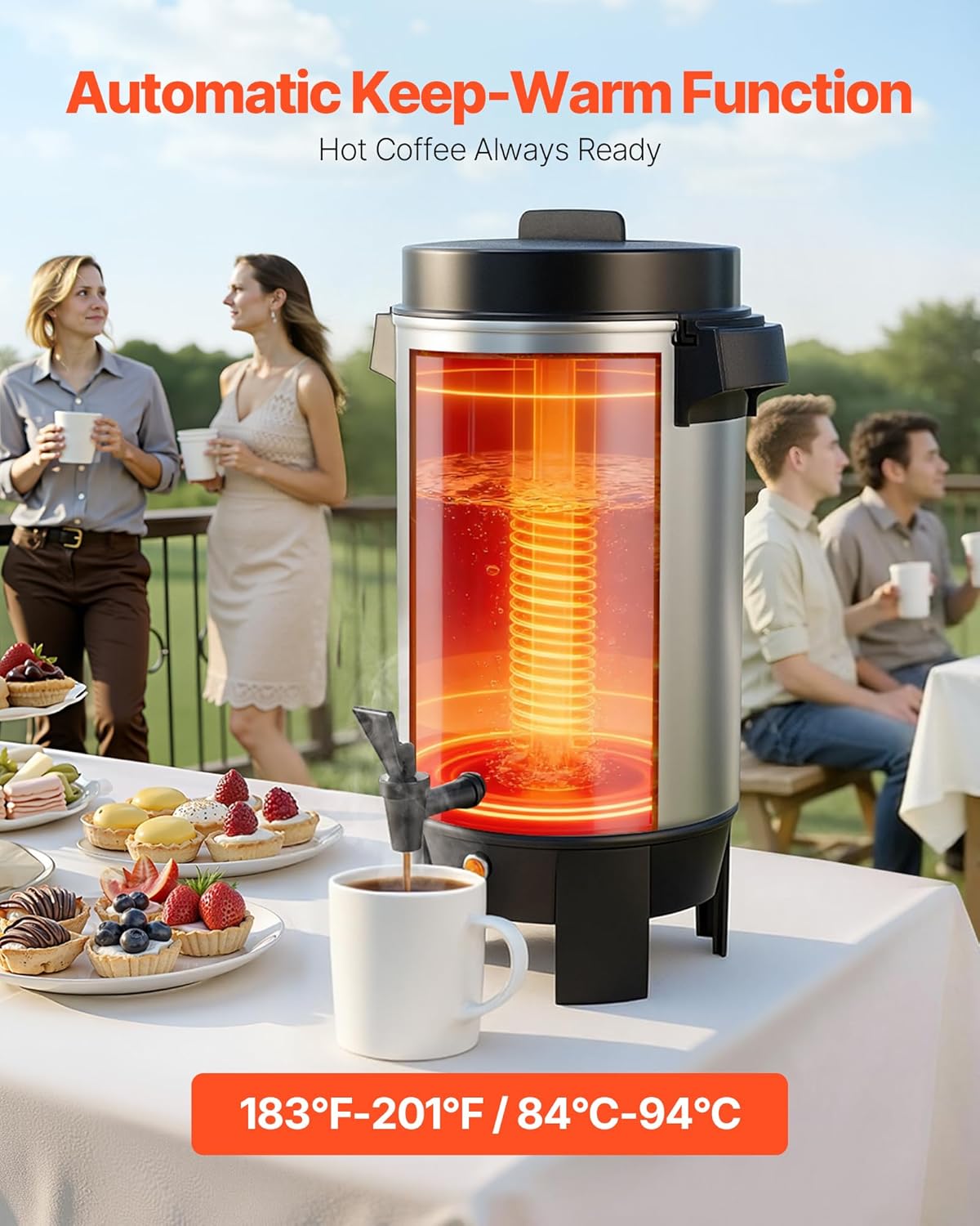 VEVOR Commercial Coffee Urn, 40 Cup 203oz Hot Beverage Dispenser with Dripless Faucet, 1090W Quick-Brewing Coffee Maker, Automatic Temperature Control, for Catering, Party, Church & Restaurant