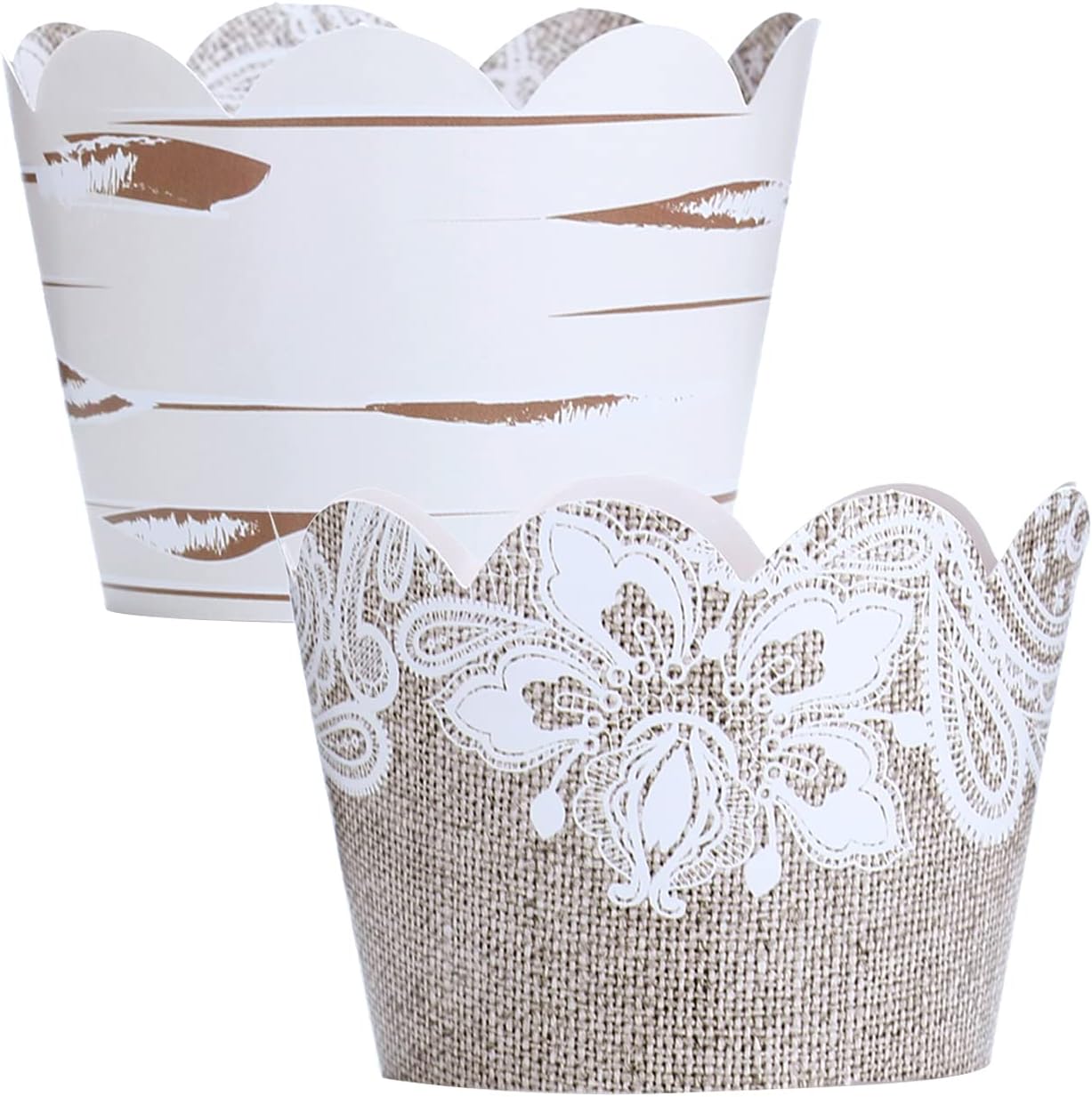 Burlap and Lace Cupcake Wrappers, 48 Count - Rustic Birch and Wood Grain Design, Burlap Cupcake Wrappers for Weddings and Parties by Pretty Cute Studios