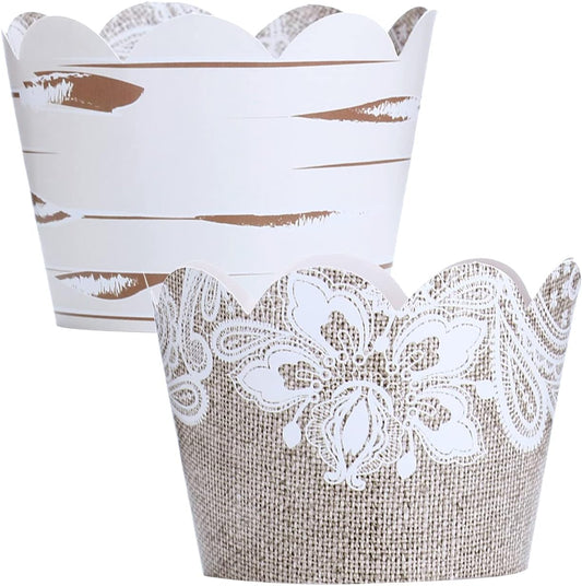 Burlap and Lace Cupcake Wrappers, 48 Count - Rustic Birch and Wood Grain Design, Burlap Cupcake Wrappers for Weddings and Parties by Pretty Cute Studios