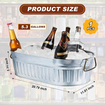 Lallisa 2 Pcs 5.3 gallons Galvanized Beverage Tub Galvanized Bucket Metal Ice and Drink Bucket with Handles Tub for Parties Farmhouse Home Pool Bar (Silver)