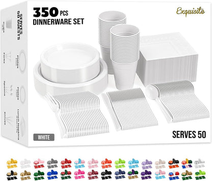 350 Pcs Black Plastic Plates For Party, Black Disposable Plates Set, 50 Of Each 9" Dinner Plate Set, 7" Dessert Plate, Cups, Napkins & Cutlery Plastic Dinnerware Set Exquisite