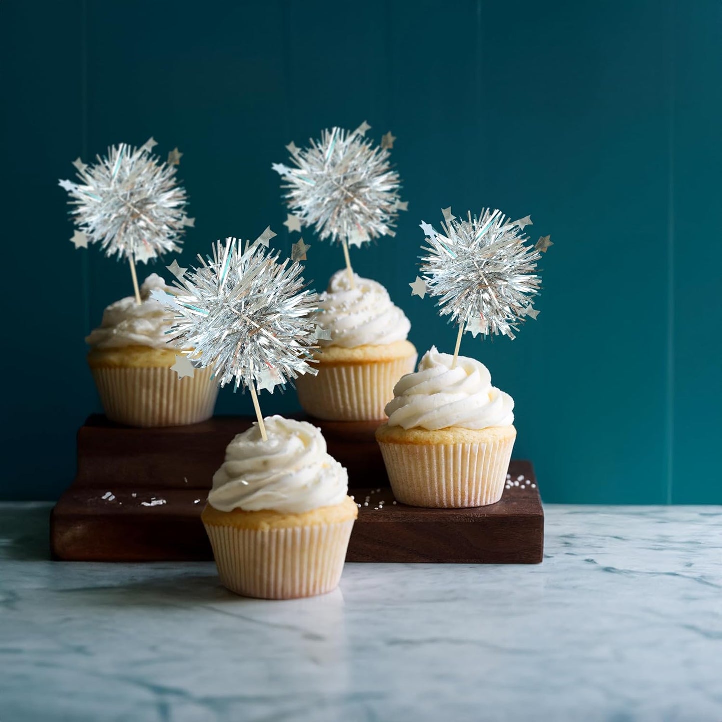 Ephlyn 30Pcs Foil Firework Cupcake Toppers Sparkle Tinsel Cupcake Picks Drink Stirrers Cocktail Food Fruit Toothpicks for Baby Shower Graduation Party Supplies White