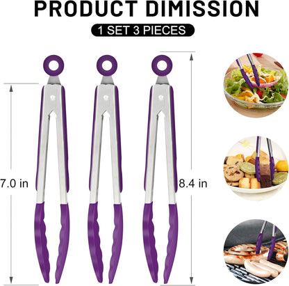Hotec Mini Silicone Kitchen Tongs for Cooking - 7-Inch Small Serving Tongs with Silicone Tips, Set of 3 (Blue)