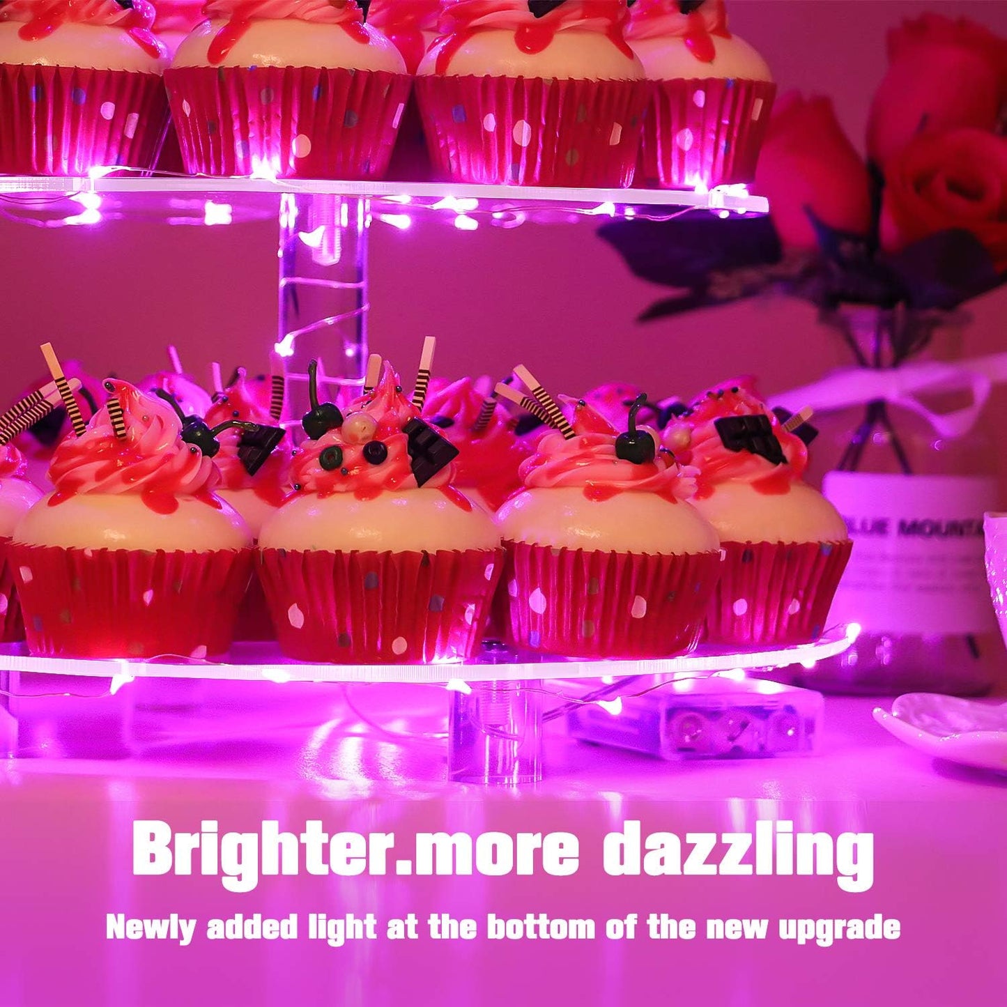YestBuy Cupcake Stand with Yellow Led Lights, 4 Tier Cupcake Stand for 50 Cupcakes, Acrylic Cupcake Tower Stand, Clear Tiered Cupcake Holder for Birthday Cady Bar Décor Weddings, Parties Events